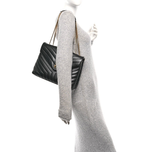 Calfskin Y Quilted Monogram Medium Loulou Chain Satchel Black