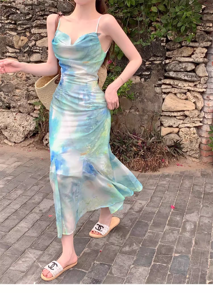 New Fashion Butterfly Design Short Sleeve Casual Spaghetti Strap Dress TP3017