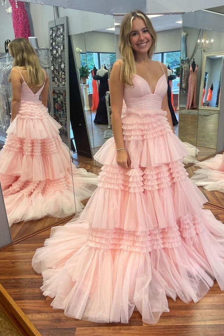 V Neck Layers Tulle Long Ball Gown A Line Spaghetti Strap Evening Dresses