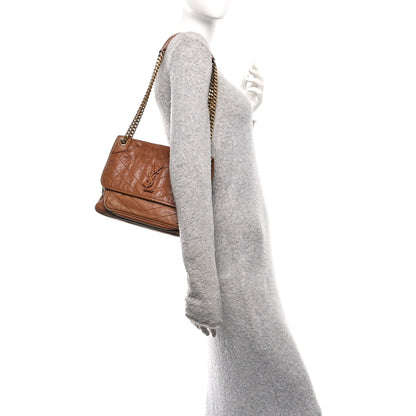 Crinkled Calfskin Matelasse Monogram Medium Niki Chain Satchel Caramel