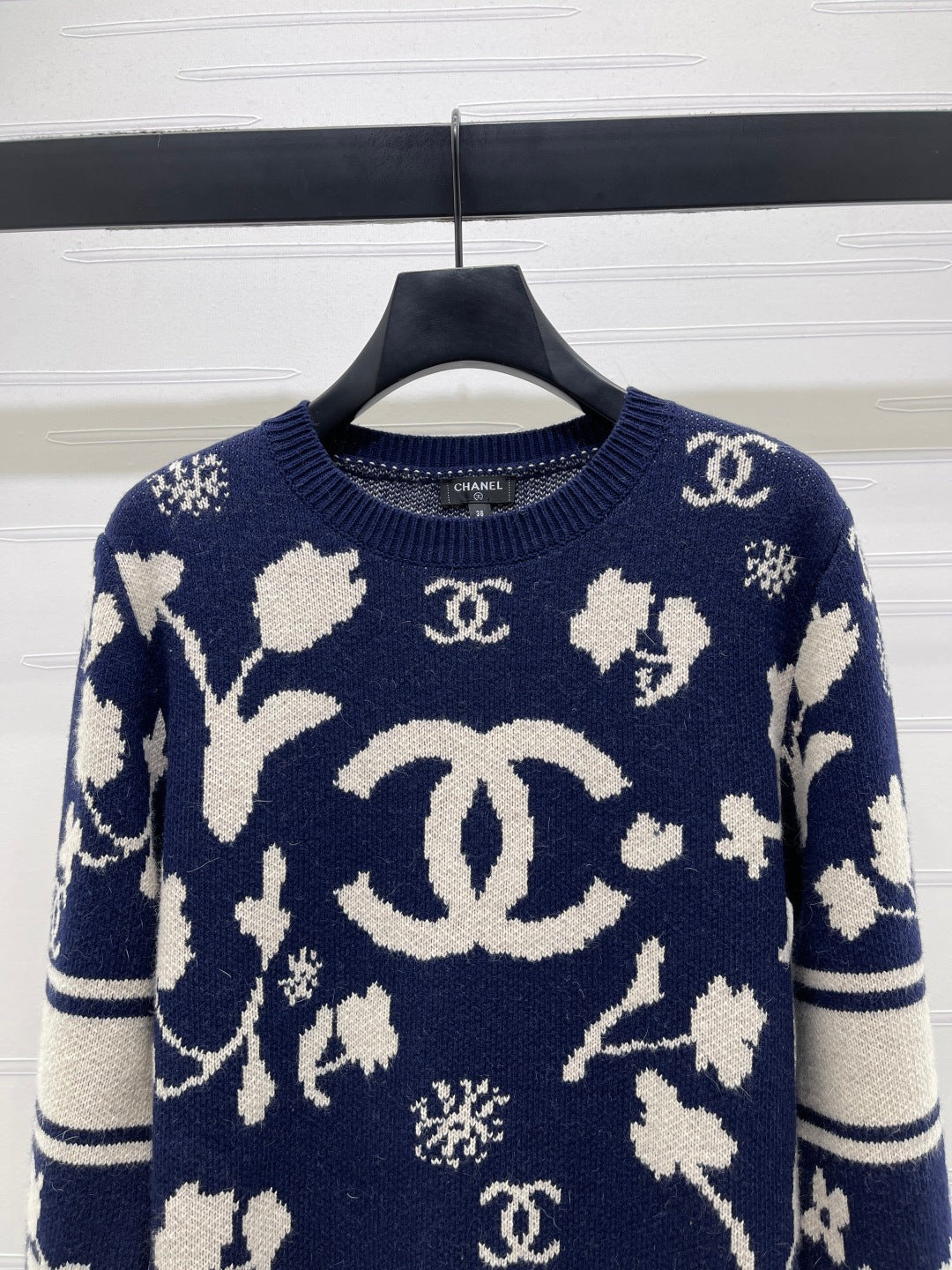 CC Double C Floral Jacquard Long-Sleeved Sweater Navy Blue Cashemere 344097
