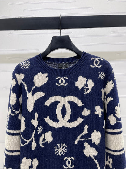 CC Double C Floral Jacquard Long-Sleeved Sweater Navy Blue Cashemere 344097
