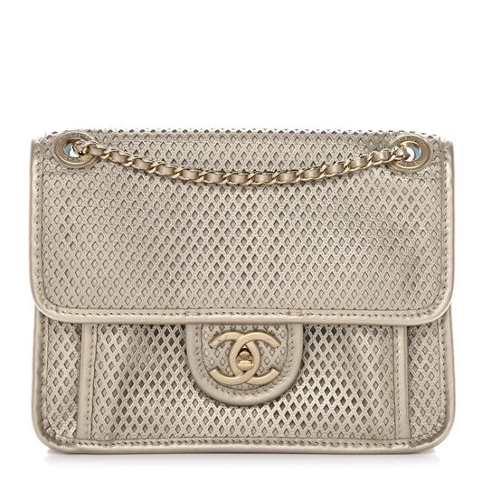 Metallic Perforated Calfskin Small Up In The Air Flap Light Gold