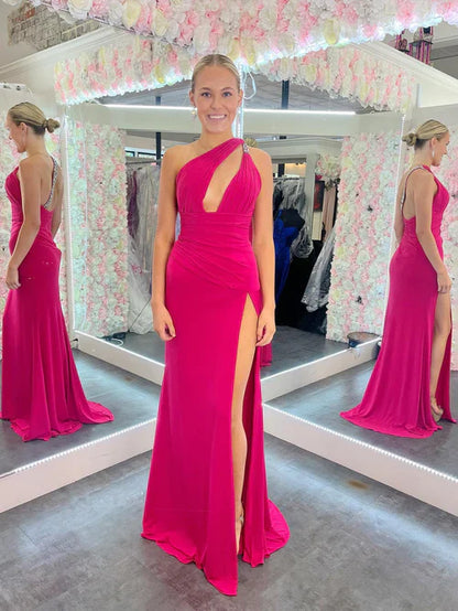 omberprom Fashion Mermaid Evening Dress One Shoulder Pink Cutout Long Prom Dress