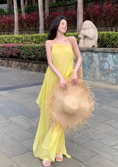 Beautiful seaside vacation dopamine loose halter dress atmosphere backless niche beach dress R1584
