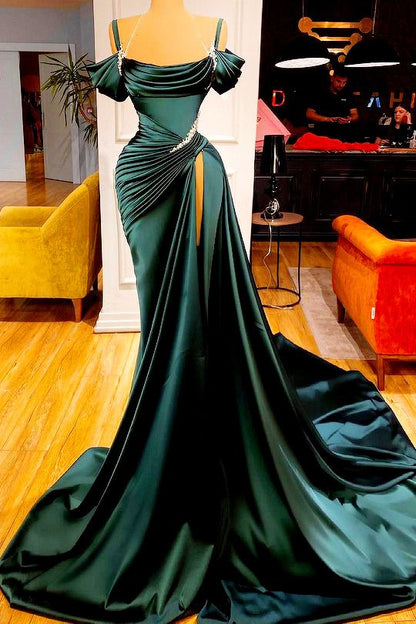 Mermaid Green Off-the-Shoulder Prom Dress Slit Long Prom Dresses P536