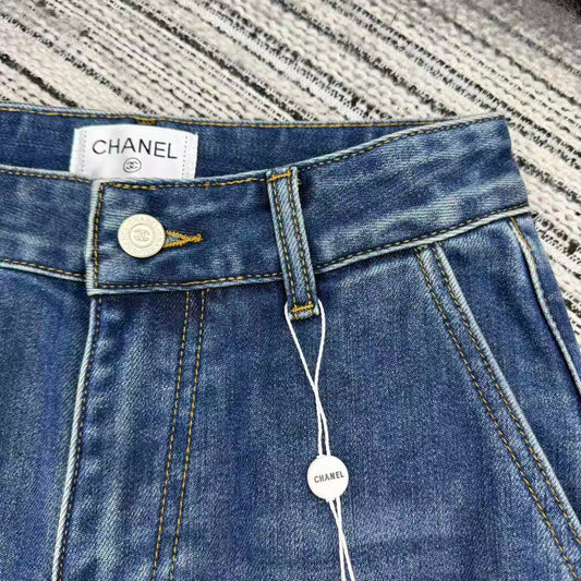 Chanel 2025 Double C Logo Beaded Straight-leg Jeans Blue Cotton 319001