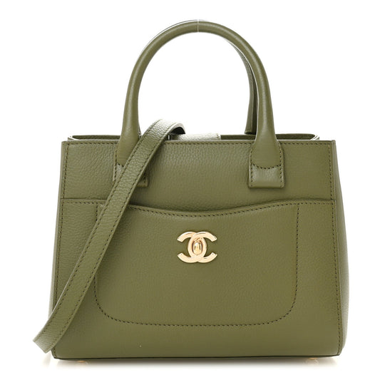 Grained Calfskin Mini Neo Executive Shopper Tote Khaki