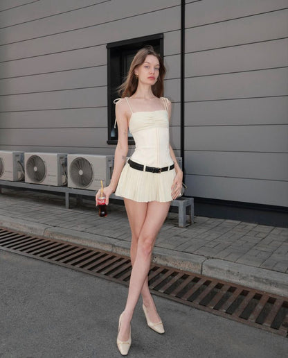 Apricot strapless tube top with slim waist and A-line pleated skirt for homecoming dress R3941