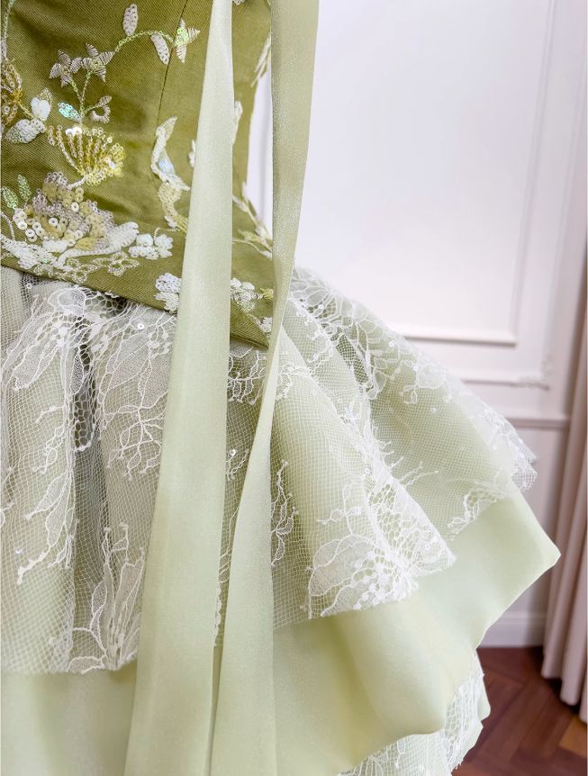 New Fashion Olive Green Mesh Lace Sequined Short Prom Dress,  A-line Homecoming Dress TP3394