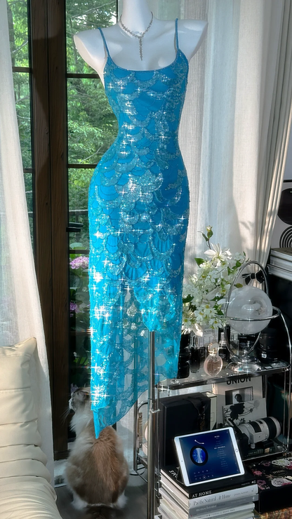 Vintage Blue Mermaid Sparkling Long Chiffon Spaghetti Strap Romantic Ball Gown Evening Dress Prom Dresses TP3962