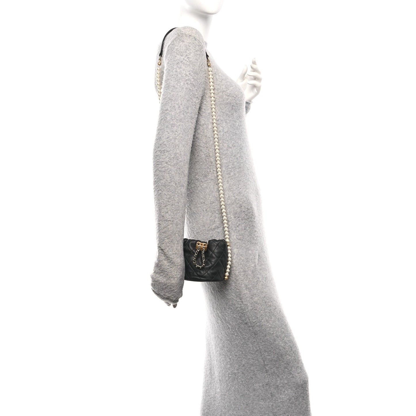 Calfskin Quilted Pearl Mini About Pearls Drawstring Bucket Bag Black