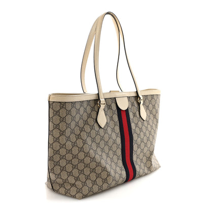 GG Supreme Monogram Textured Calfskin Web Medium Ophidia Shopping Tote Beige Ebony Mystic White