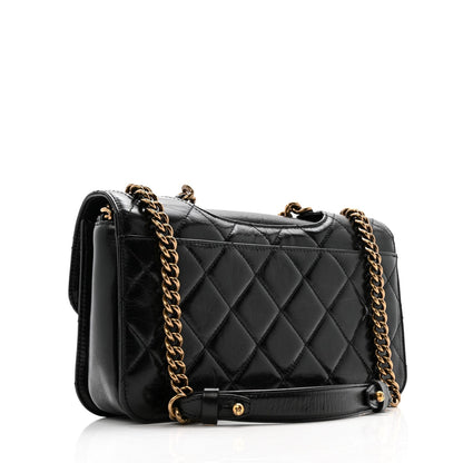 Glazed Calfskin Quilted Medium Perfect Edge Flap Black