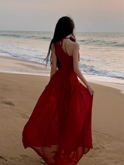 Fairy red off-shoulder dress with slim waist and long swing chiffon dress for holiday R1743