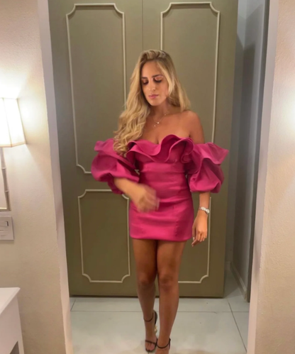 Off Shoulder Satin Pink Short Prom Dress, Pink Homecoming Dress      S3565