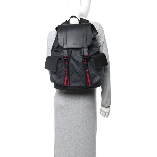 Soft GG Supreme Monogram Calfskin Web Double Buckle Backpack Black