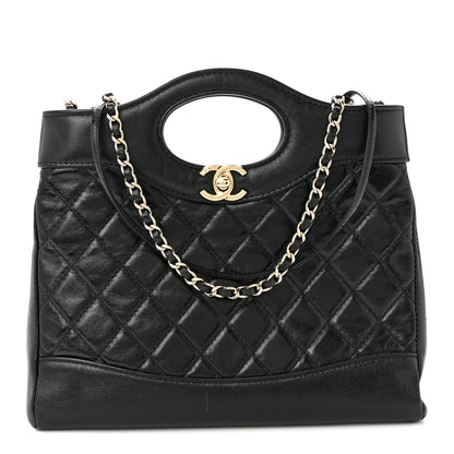 Shiny Crumpled Calfskin Quilted Mini 31 Shopping Bag Black