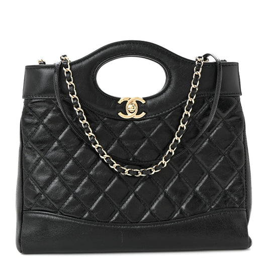 Shiny Crumpled Calfskin Quilted Mini 31 Shopping Bag Black