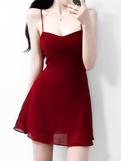 2025 summer new sexy petite wine red holiday short suspender dress R0916
