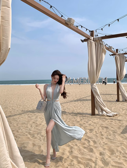 Blue V-neck hollow sleeveless halter dress waist banquet dress R0562