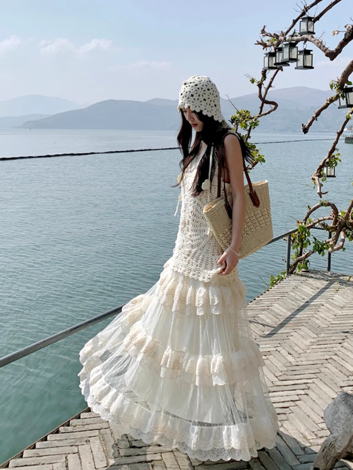 Atmosphere outfit suit holiday beautiful small sling hollow vest skirt a complete set R1746