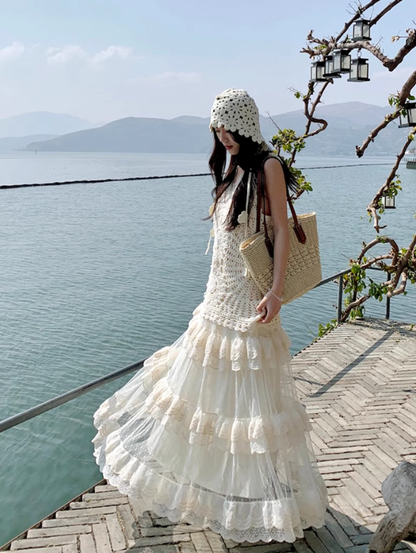 Atmosphere outfit suit holiday beautiful small sling hollow vest skirt a complete set R1746