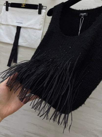 CC Ostrich Feather Rhinestone Vest Black Mulberry Silk Yarn 346478