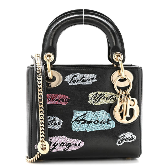 Calfskin Beaded Mini Lady Dior Black
