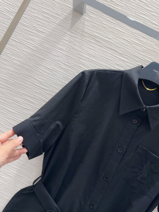 YSL 2025 Shirt Dress Black Flax Cotton