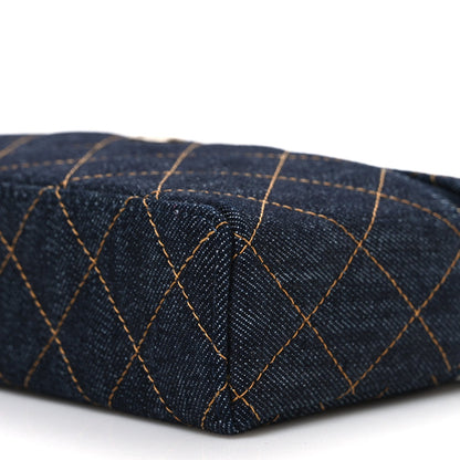 Denim Quilted Top Handle Slim Vanity Case With Chain Dark Blue Orange