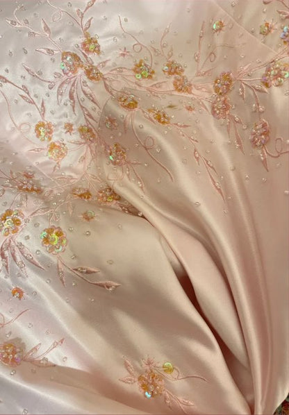 Vintage Pink Satin Embroidery Strapless Mermaid Long Prom Dress Evening Dress TP4570