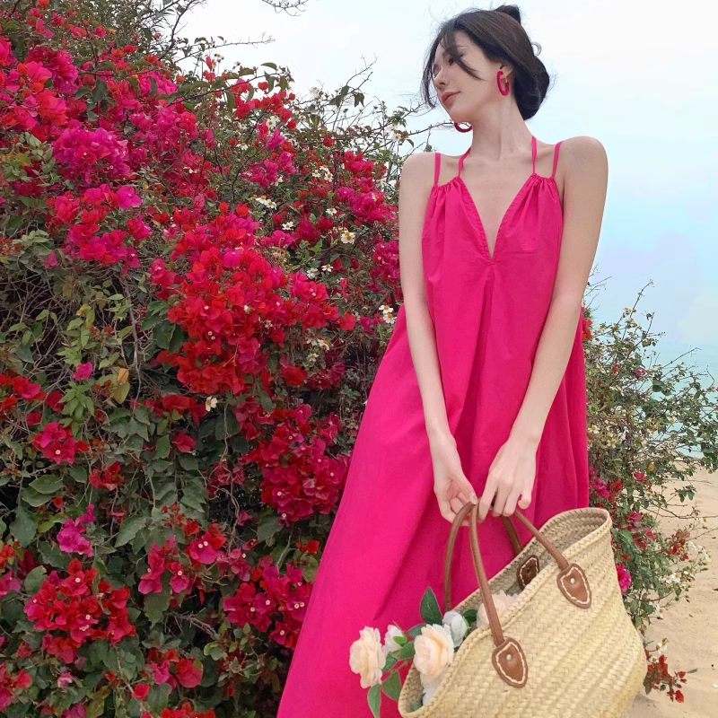 New Fashion Rose Pink Sleeveless Beach Halter Dress TP2979