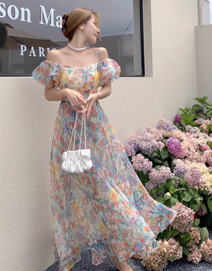 New Elegant Floral Design Puff Sleeves Princess Style Spaghetti Strap Dress TP3020