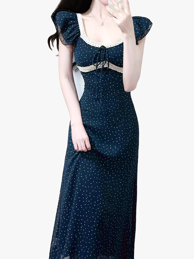 2025 Summer New Navy Retro Polka Dot French Square Neck Short Sleeve Long Dress R0927