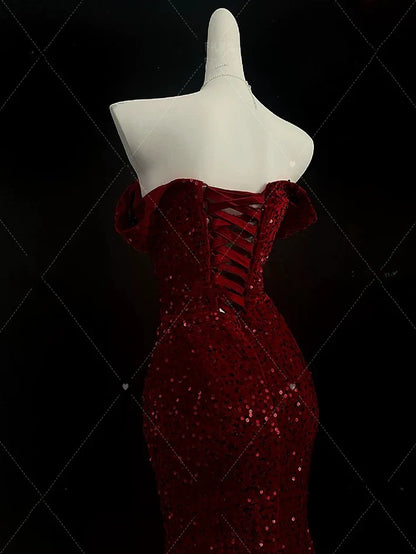 Enchanting Shiny Sequin Sweetheart Off-the-shoulder Mermaid Floor-length High Slit Prom Dress Evening Dress TP4317