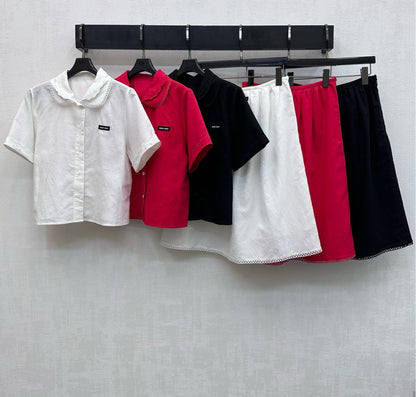 Miu SS26 Set Scalloped-Collar Shirt A-line Skirt Black Cotton Linen 351921