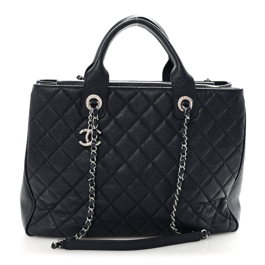 Caviar Quilted Large Urban Companion Top Handle Shopping Tote Navy