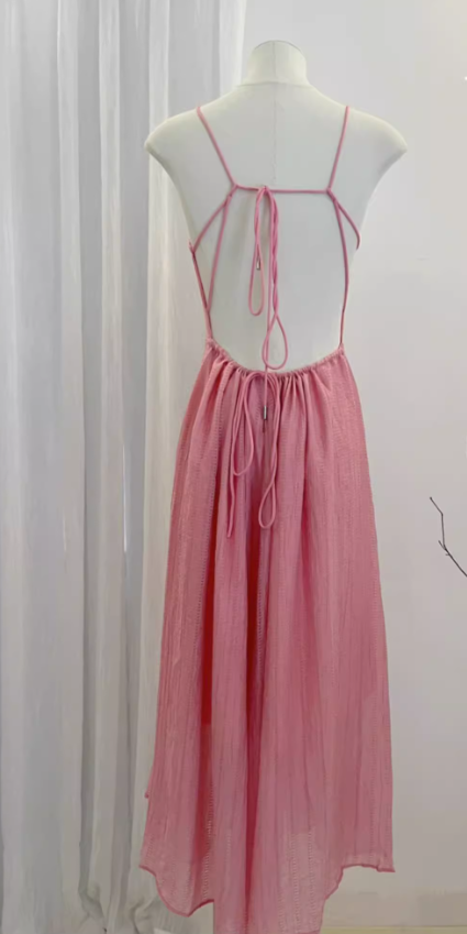 2025 new summer light peach pink sleeveless large swing backless holiday fairy back lace-up dress R0302