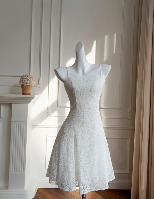 Classy White Spaghetti Straps Lace A Line Homecoming Dress,Mini Party Dress Y8584
