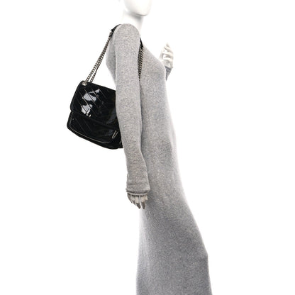 Faux Patent Matelasse Monogram Medium Niki Chain Satchel Black