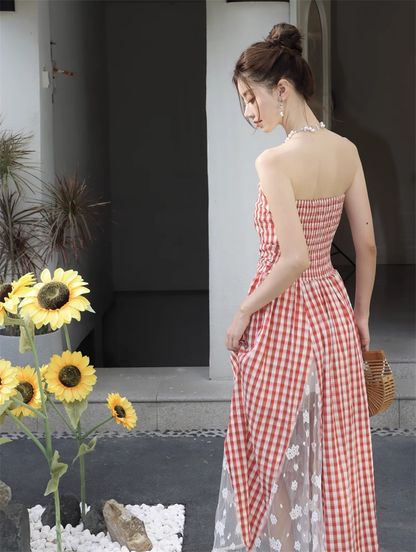 New Fashion Red Plaid Lace Patchwork Design Beach Holiday A-line Sleeveless Strapless Dress TP3378