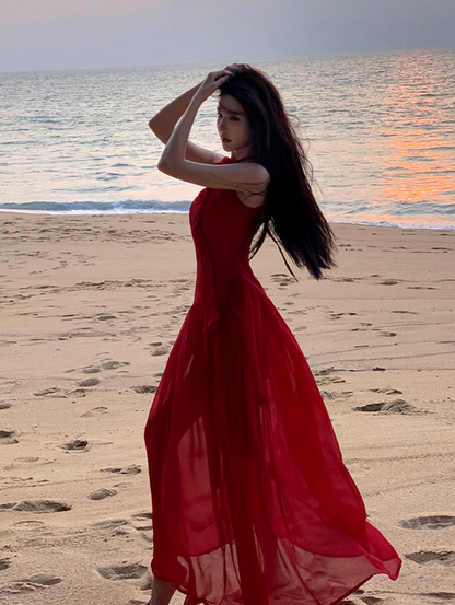 Fairy red off-shoulder dress with slim waist and long swing chiffon dress for holiday R1743