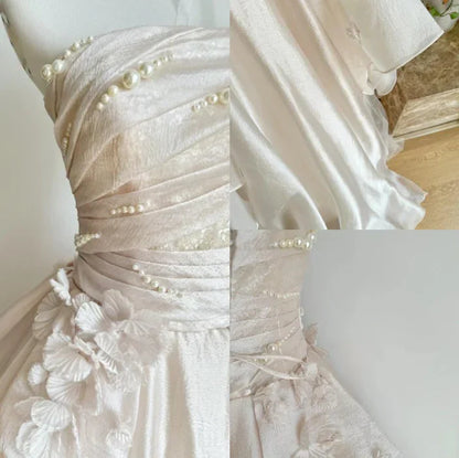 Elegant Pink A-line Strapless Pearl Tulle Floor-length Formal Prom Dress Evening Gown TP2041