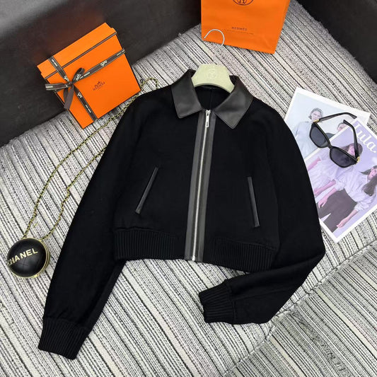 HM Patchwork Leather Lapel Double-faced Black Cashmere Jacket