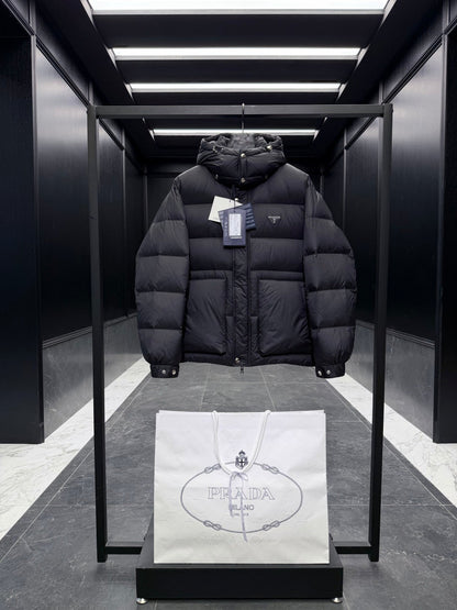 Prada 2025 Quilted Hooded Jacket Black Nylon Down