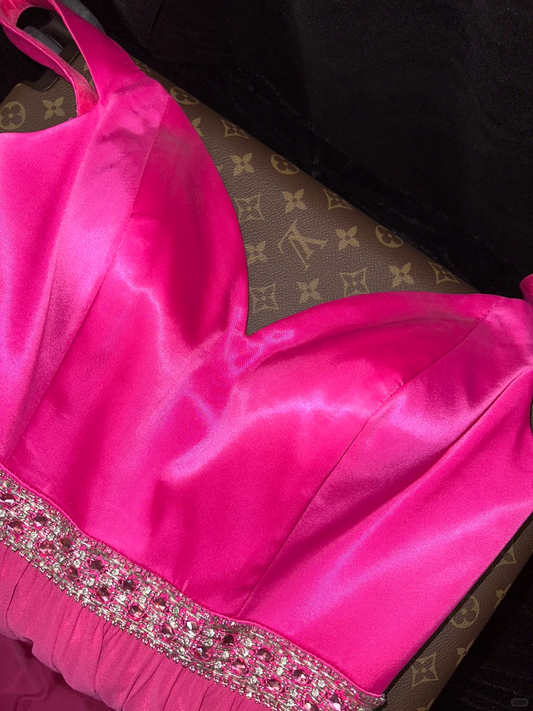 Elegant Vibrant Hot Pink Chiffon Plunging V-Neck A-Line Beaded Evening Gown TP5369
