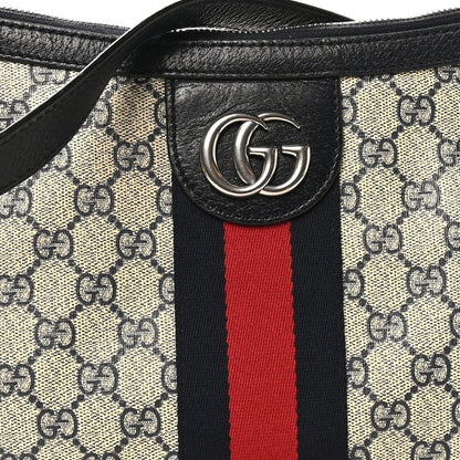 GG Supreme Monogram Textured Dollar Calfskin Web Small Ophidia Half Moon Hobo Beige Blue