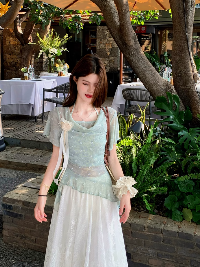 Fairy fake two-piece irregular halter neck short-sleeved T-shirt complete skirt suit R1757