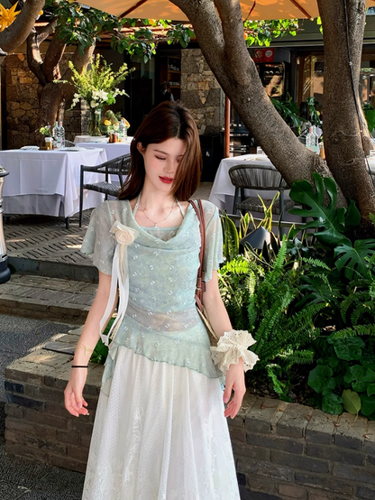 Fairy fake two-piece irregular halter neck short-sleeved T-shirt complete skirt suit R1757